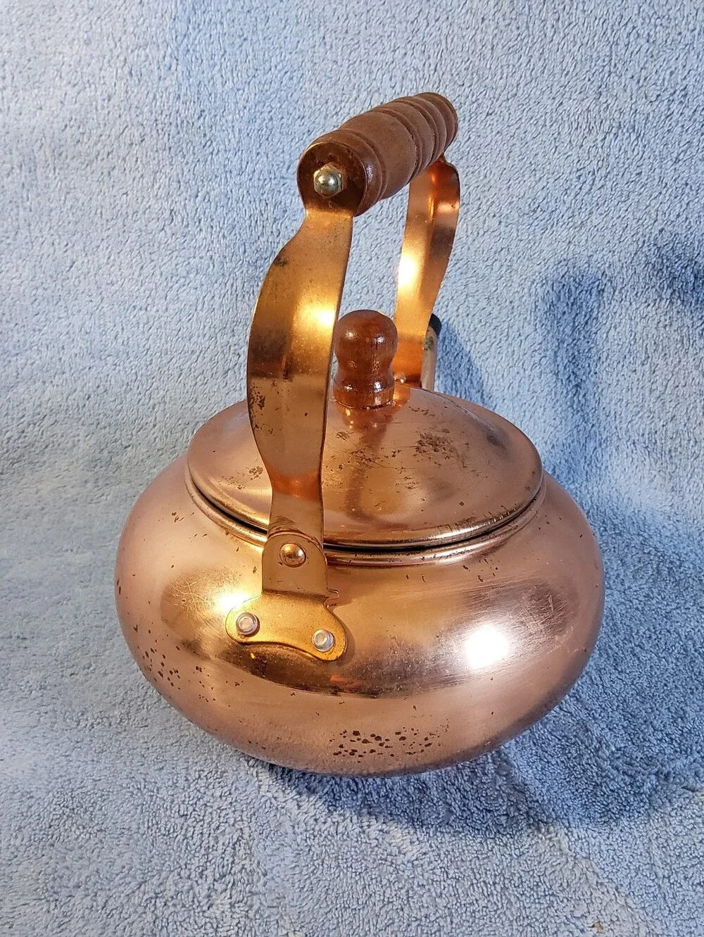 Vintage 1984 Copper Tea Kettle Taiwan FTDA Wood Handle Farmhouse Cottagecore